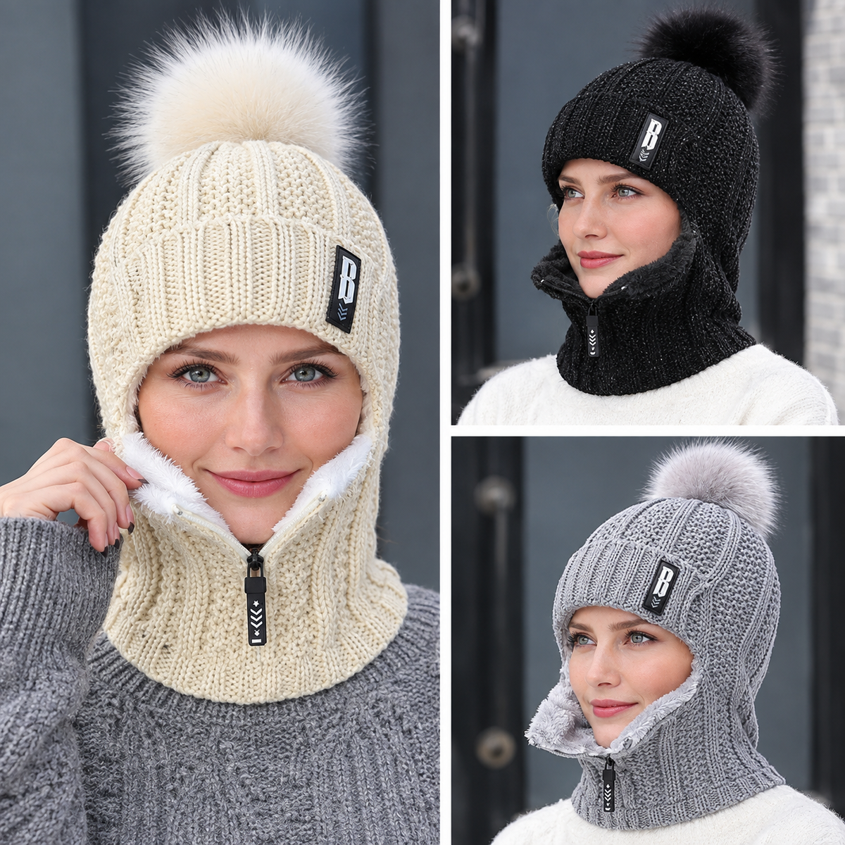 Gorro de punto para mujer con cuello integrado y pompón