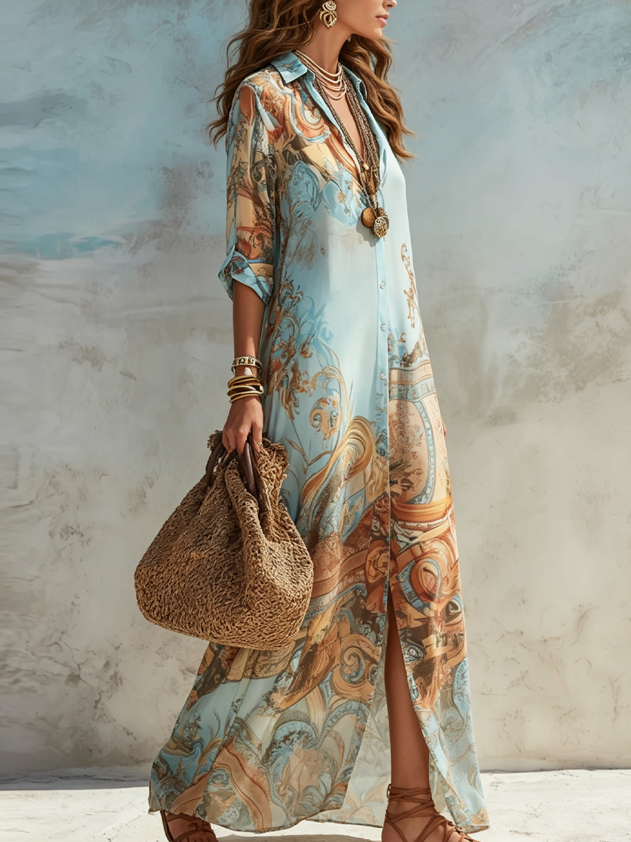 Vestido Maxi de Chifón Floral Barroco Azul