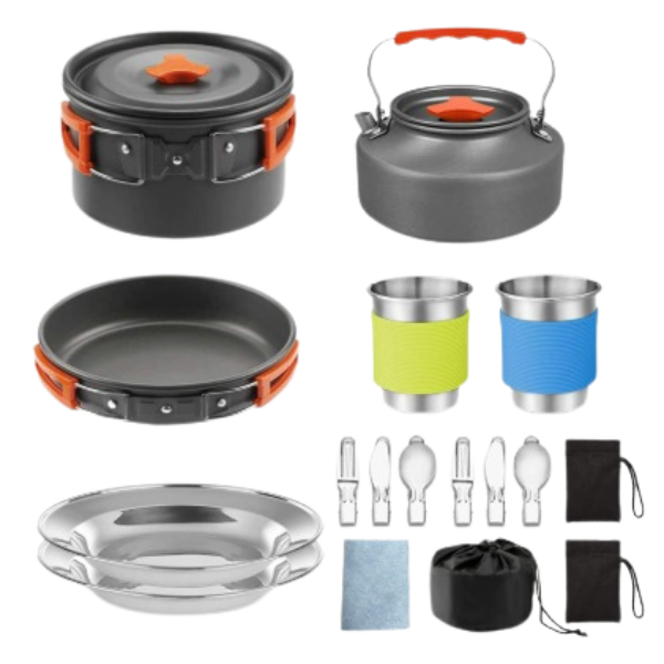 CampFire Cuisine - Juego de utensilios y vajilla de camping de 17 piezas