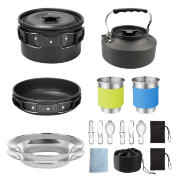 CampFire Cuisine - Juego de utensilios y vajilla de camping de 17 piezas