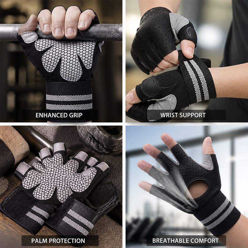 Fitnesshandschoenen met halve vingers, gewatteerde handpalm en polsband