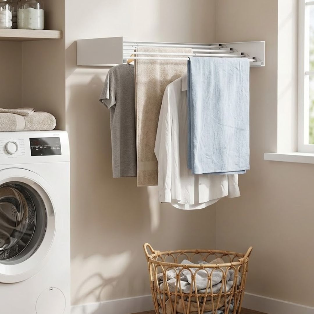 Tendedero de Pared Plegable y Extensible con Barras Retráctiles