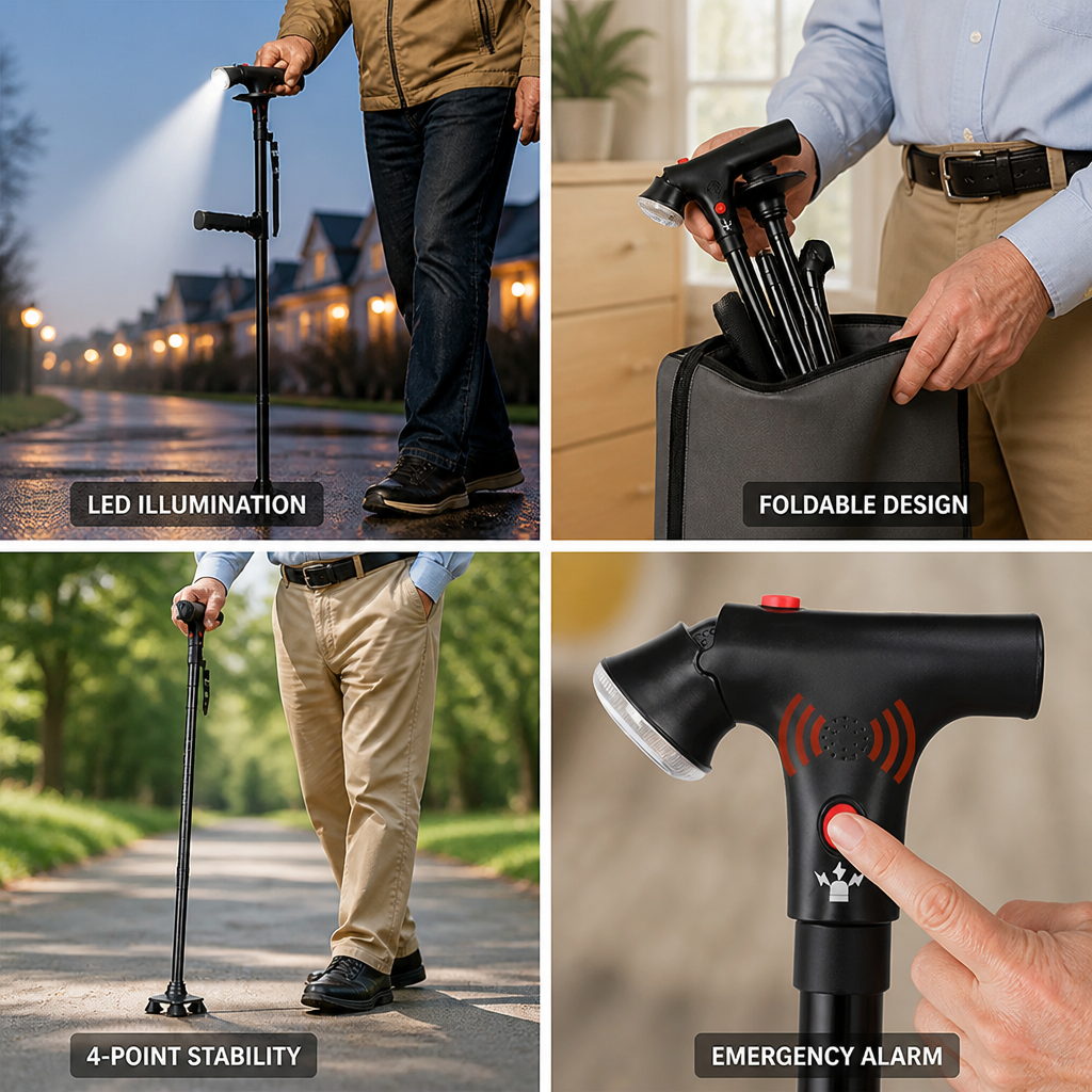 Opvouwbare wandelstok met vier poten, ledlamp en alarmknop