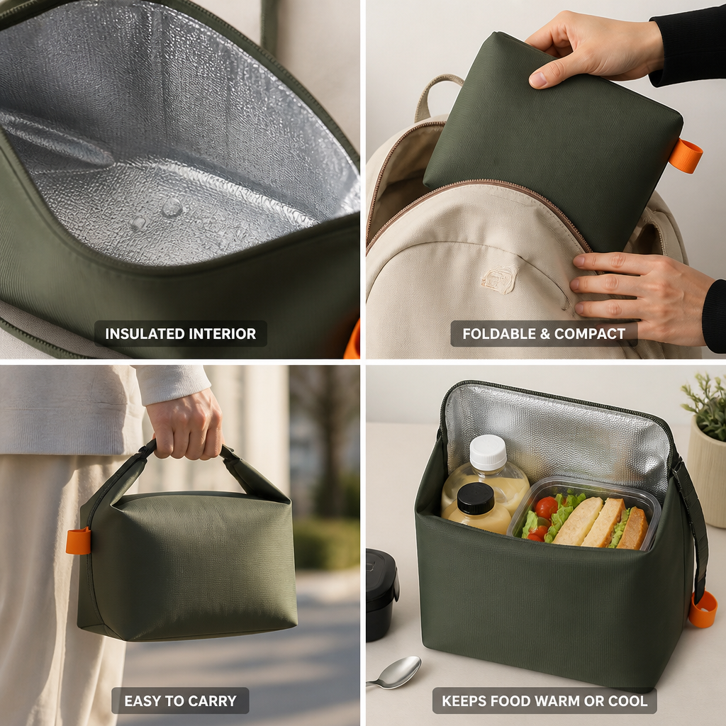 Opvouwbare thermische lunchtas met rits en handvat