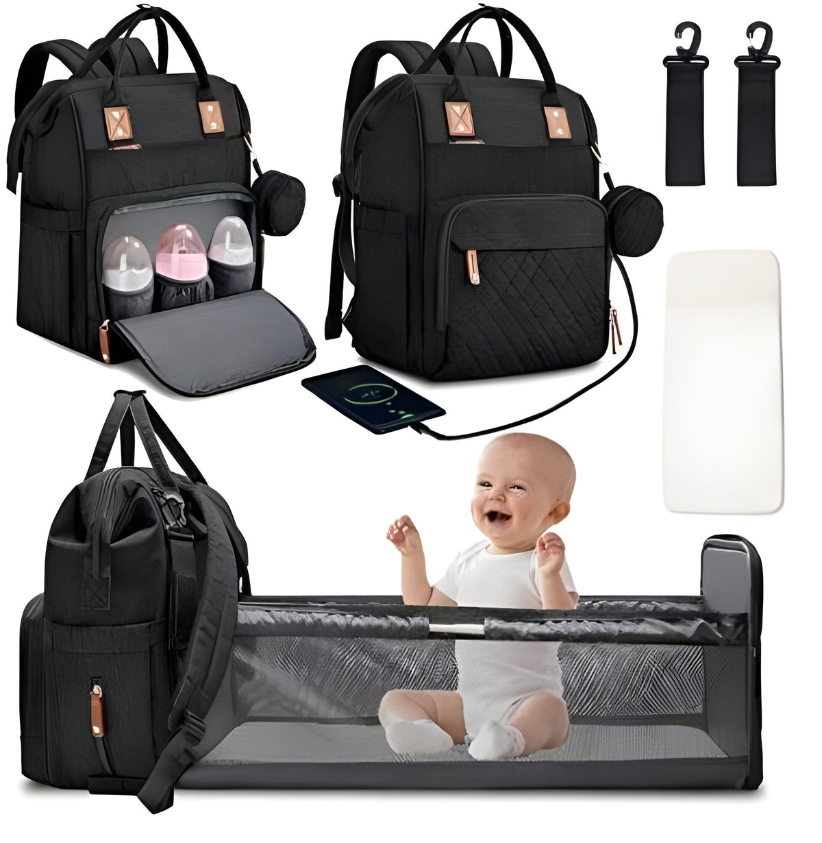 Sac à dos à langer avec poches, poignées et bretelles réglables