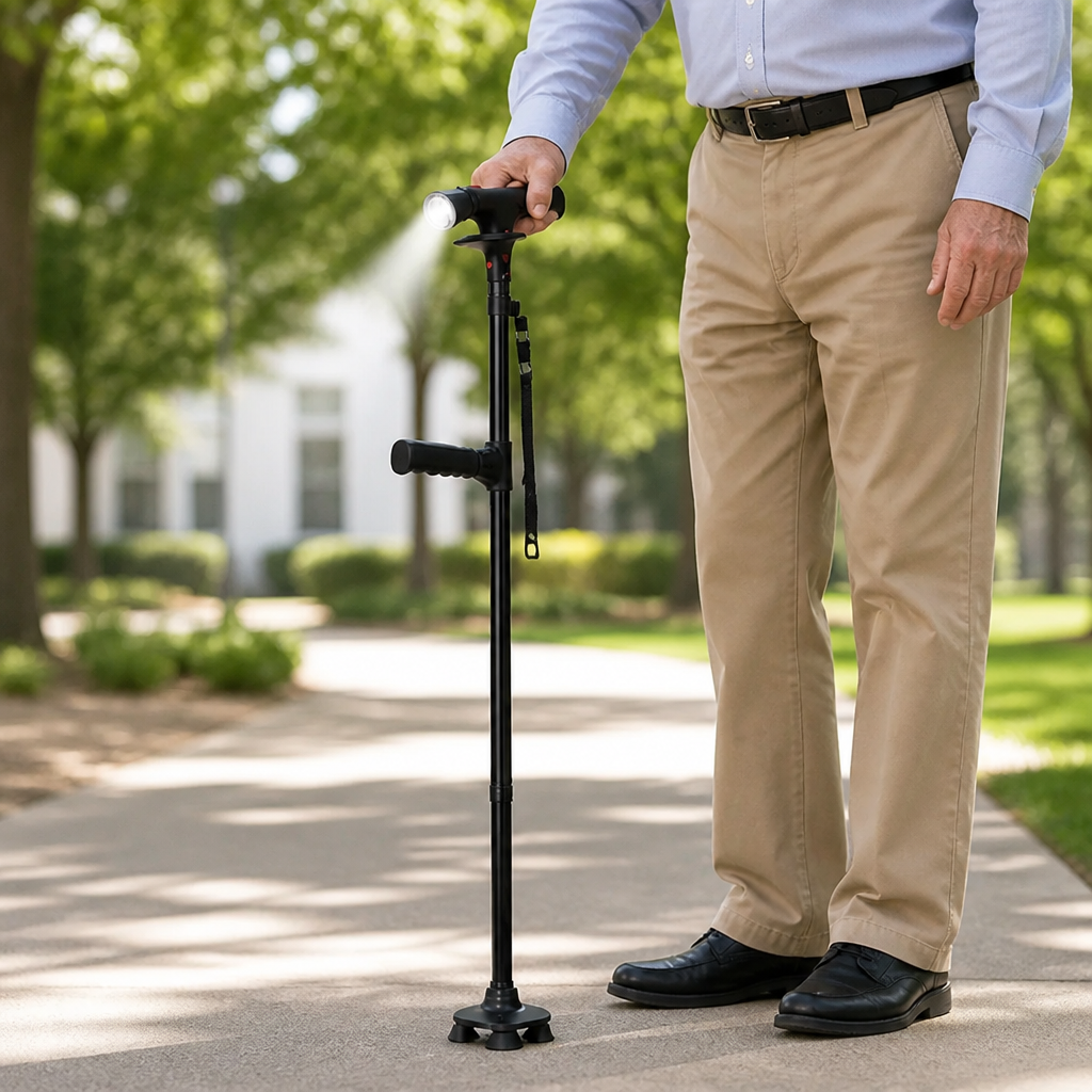 Opvouwbare wandelstok met vier poten, ledlamp en alarmknop
