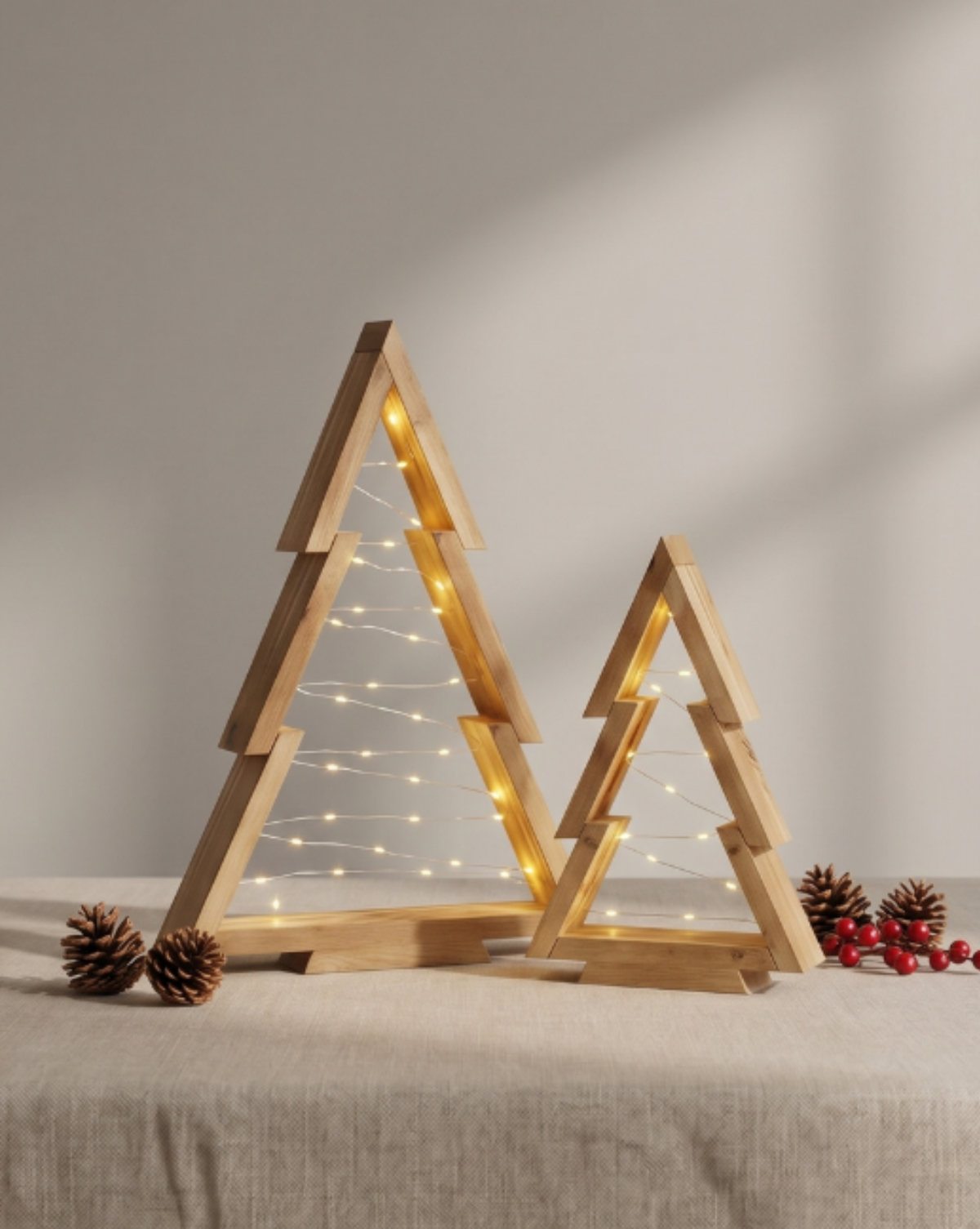 Juego de 2 árboles de Navidad de madera con luces LED