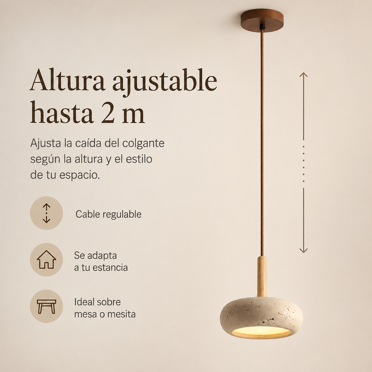 Hangende LED-lamp van steen en hout van 15 cm met verstelbare kabel