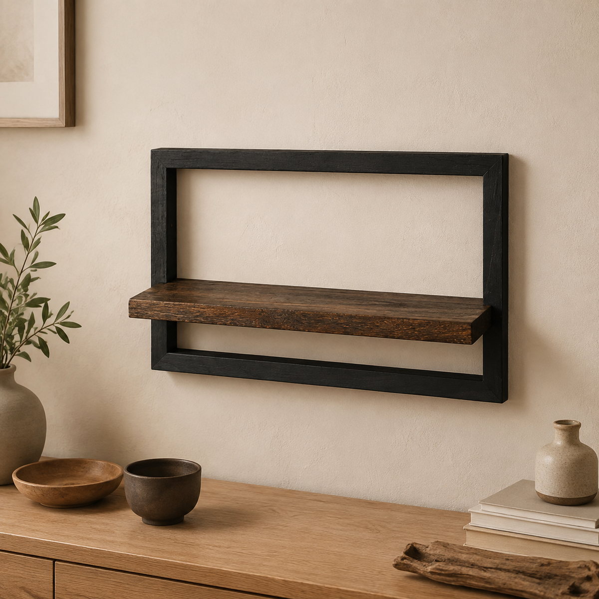Estante de Pared de Madera de Acacia con Estructura Metálica Industrial