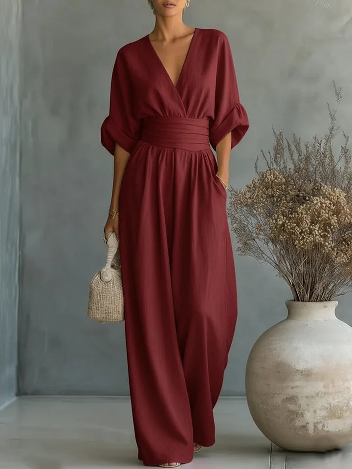 Mono para Mujer | Escote en V y Pantalón Ancho de Cintura Alta