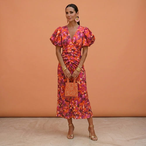 Vestido de Primavera para Mujer | Escote en V y Mangas Abullonadas