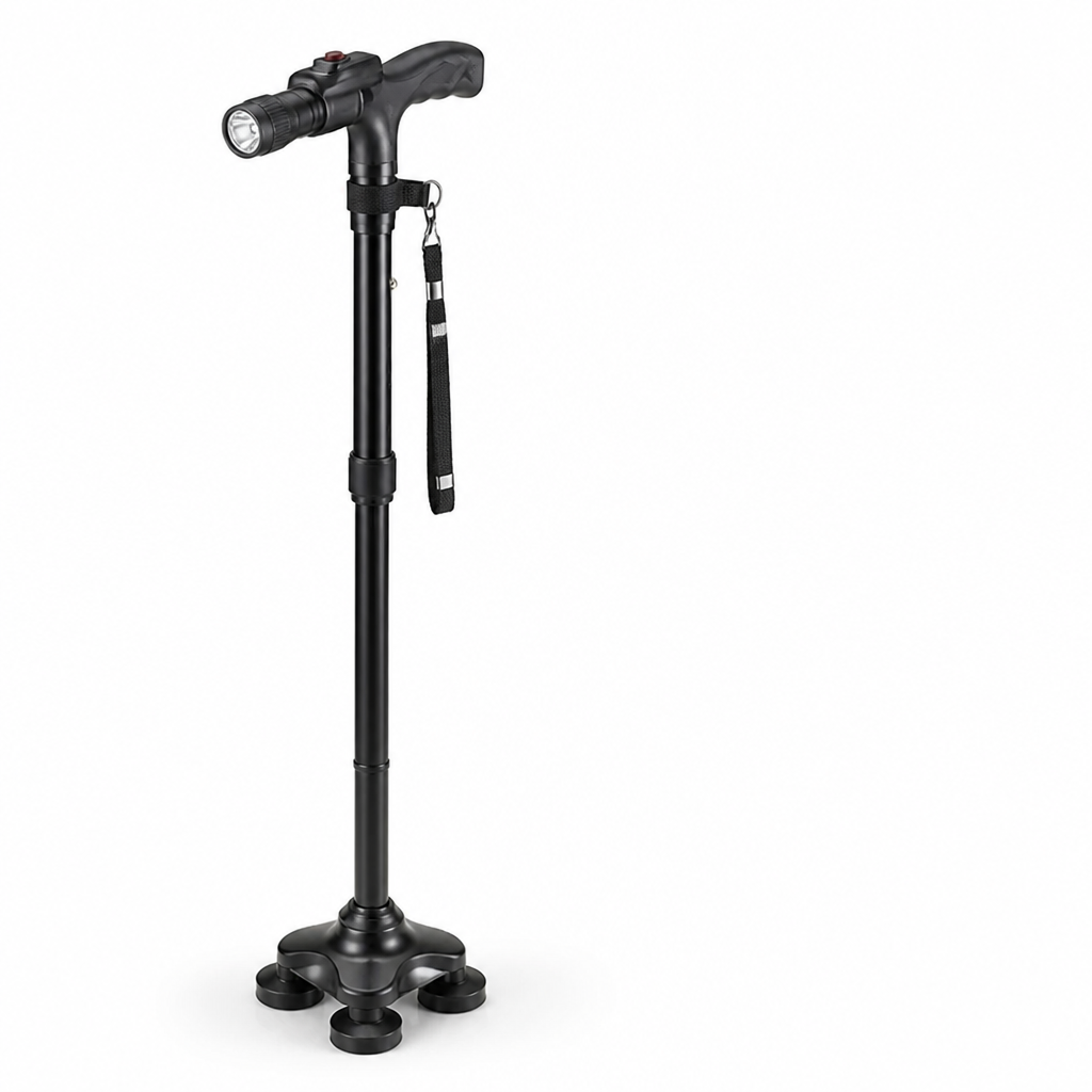 Opvouwbare wandelstok met vier poten, ledlamp en alarmknop
