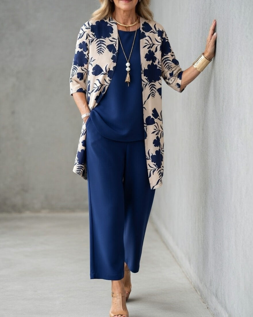 Conjunto de 3 Piezas para Mujer | Pantalón Fluido y Chaqueta Floral