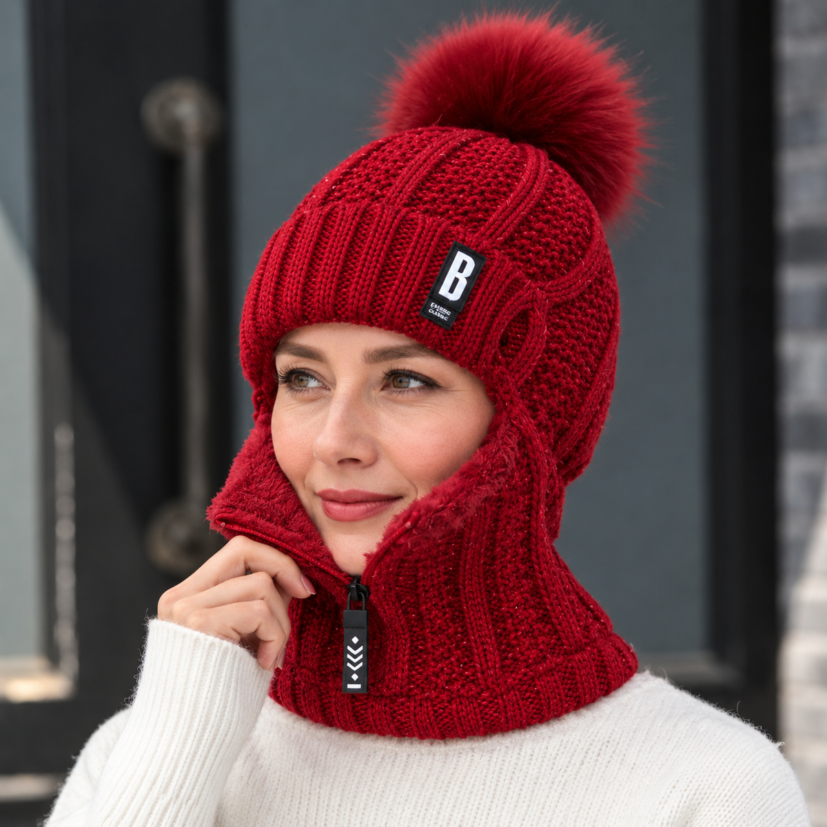 Gorro de punto para mujer con cuello integrado y pompón
