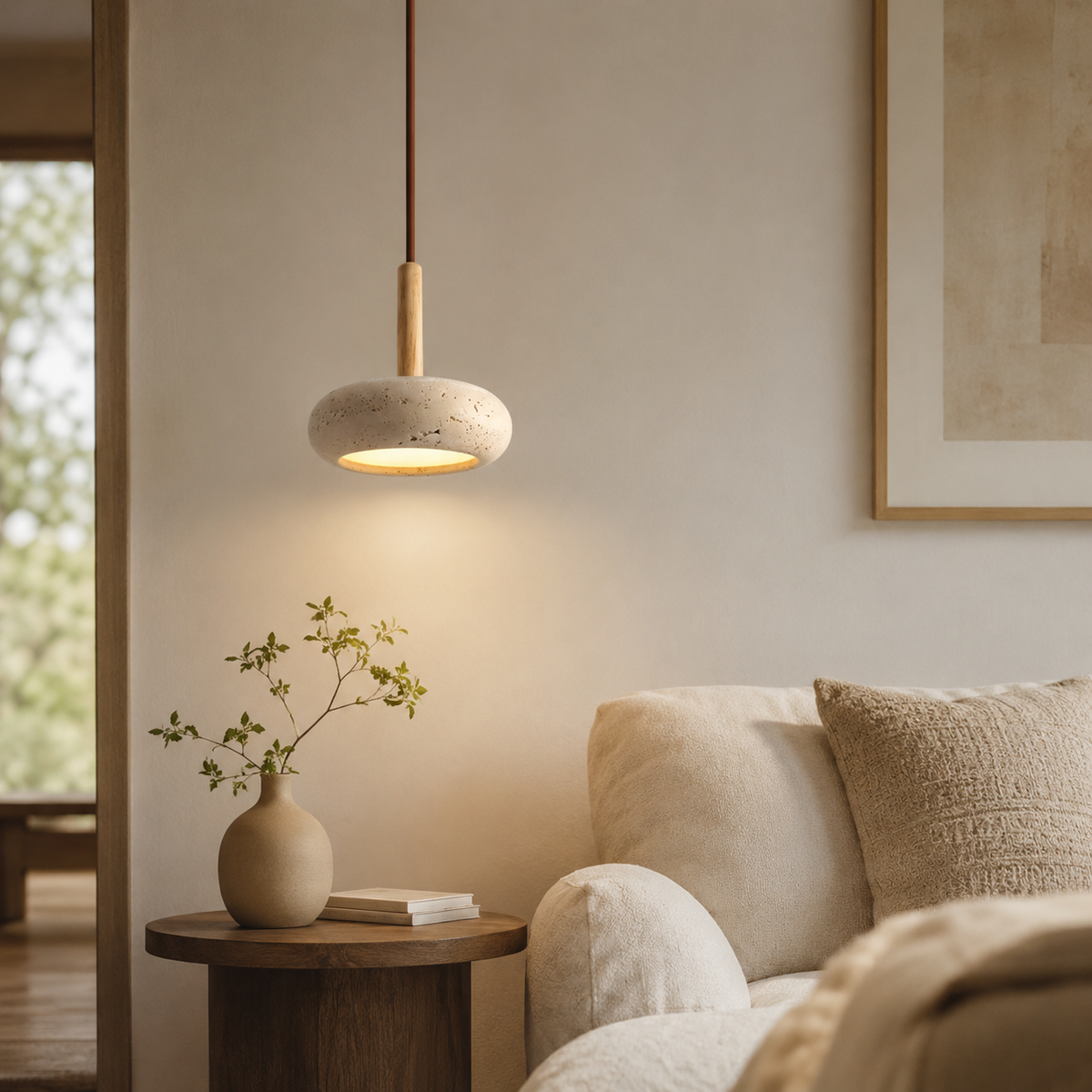 Hangende LED-lamp van steen en hout van 15 cm met verstelbare kabel