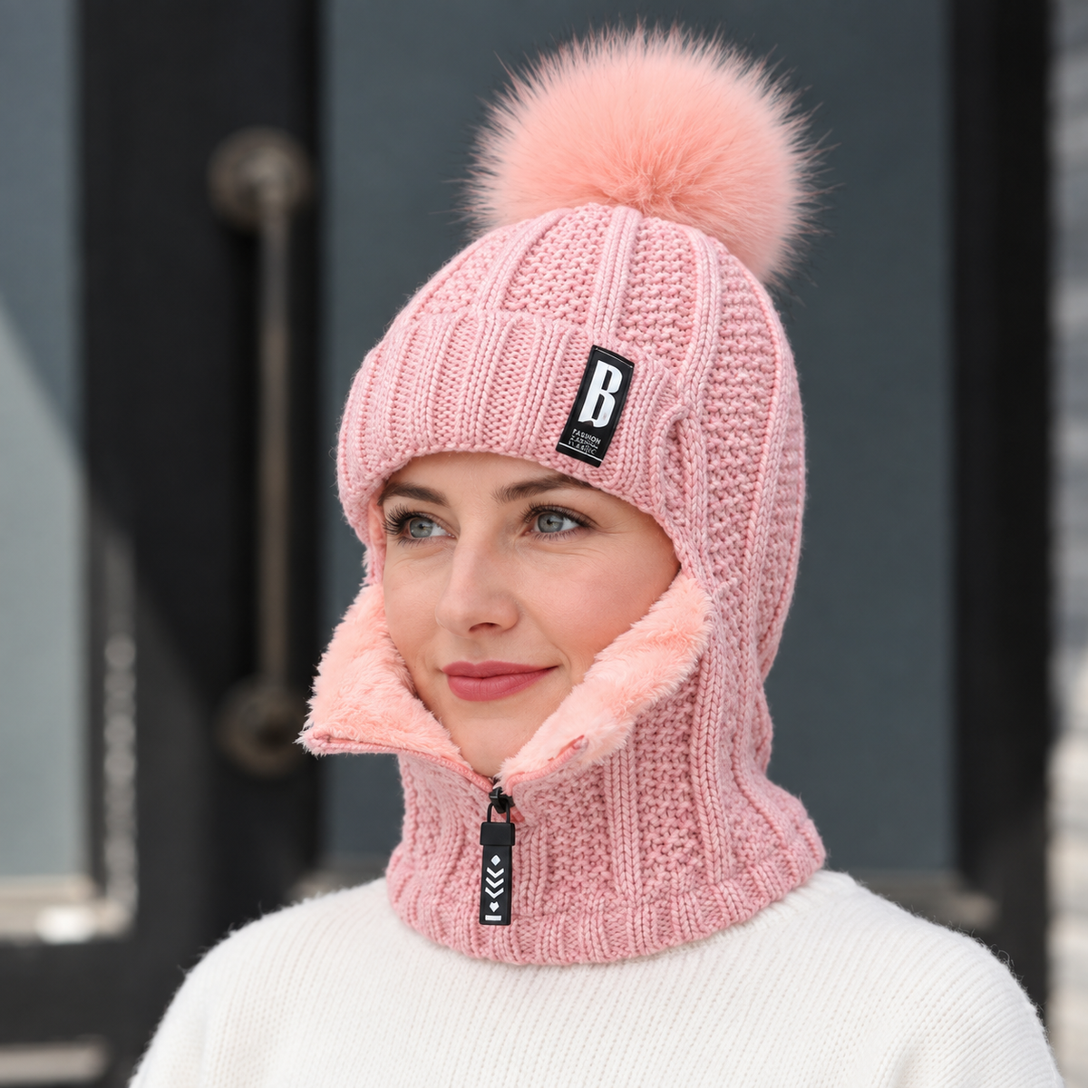 Gorro de punto para mujer con cuello integrado y pompón