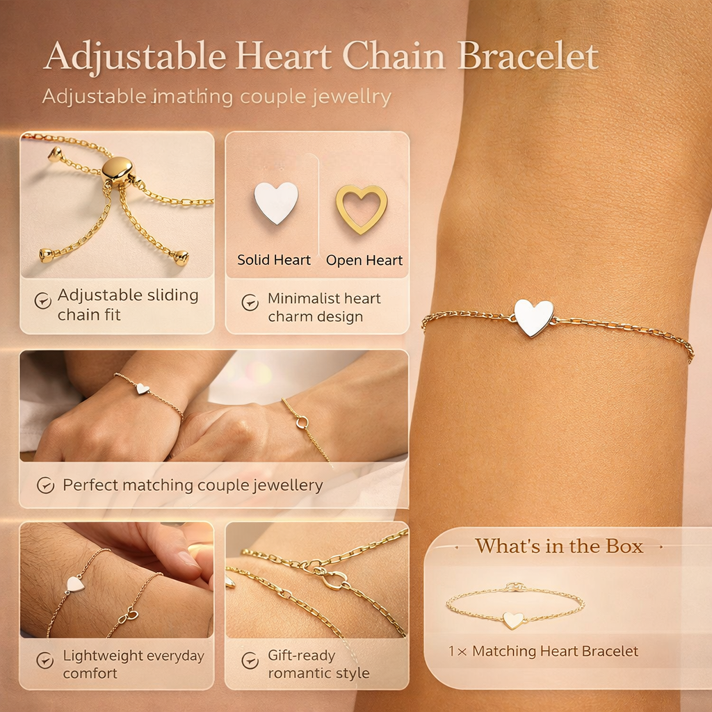 Bracelets assortis en forme de cœur pour couple, en acier inoxydable