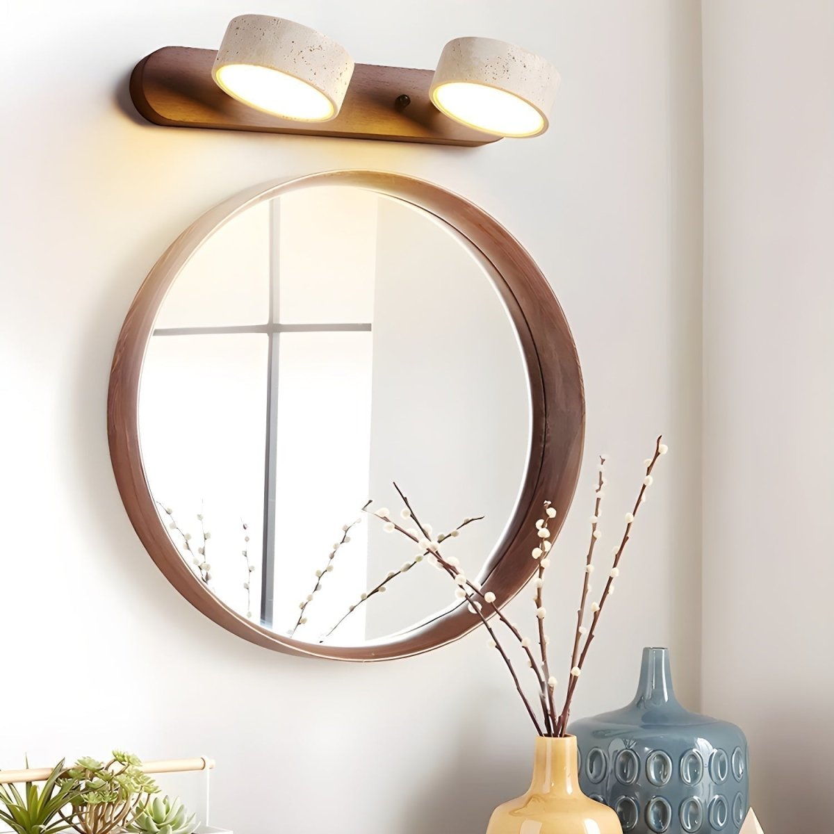 LED-wandlamp van travertijn en hout met 2 tot 4 lampen