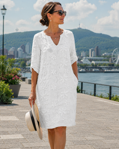 Vestido Floral para Mujer | Escote en V y Mangas Tres Cuartos