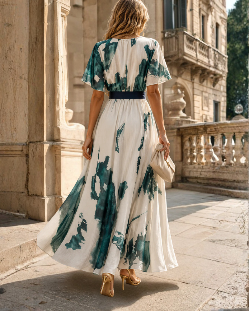 Vestido largo estampado para mujer con escote cruzado y cinturón