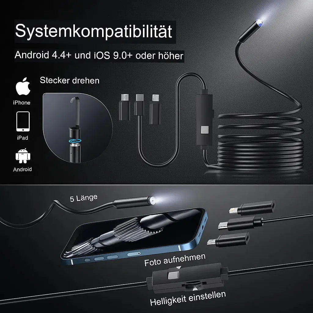 Cámara Endoscópica con Cable Flexible y Luz LED para Inspección con Móvil