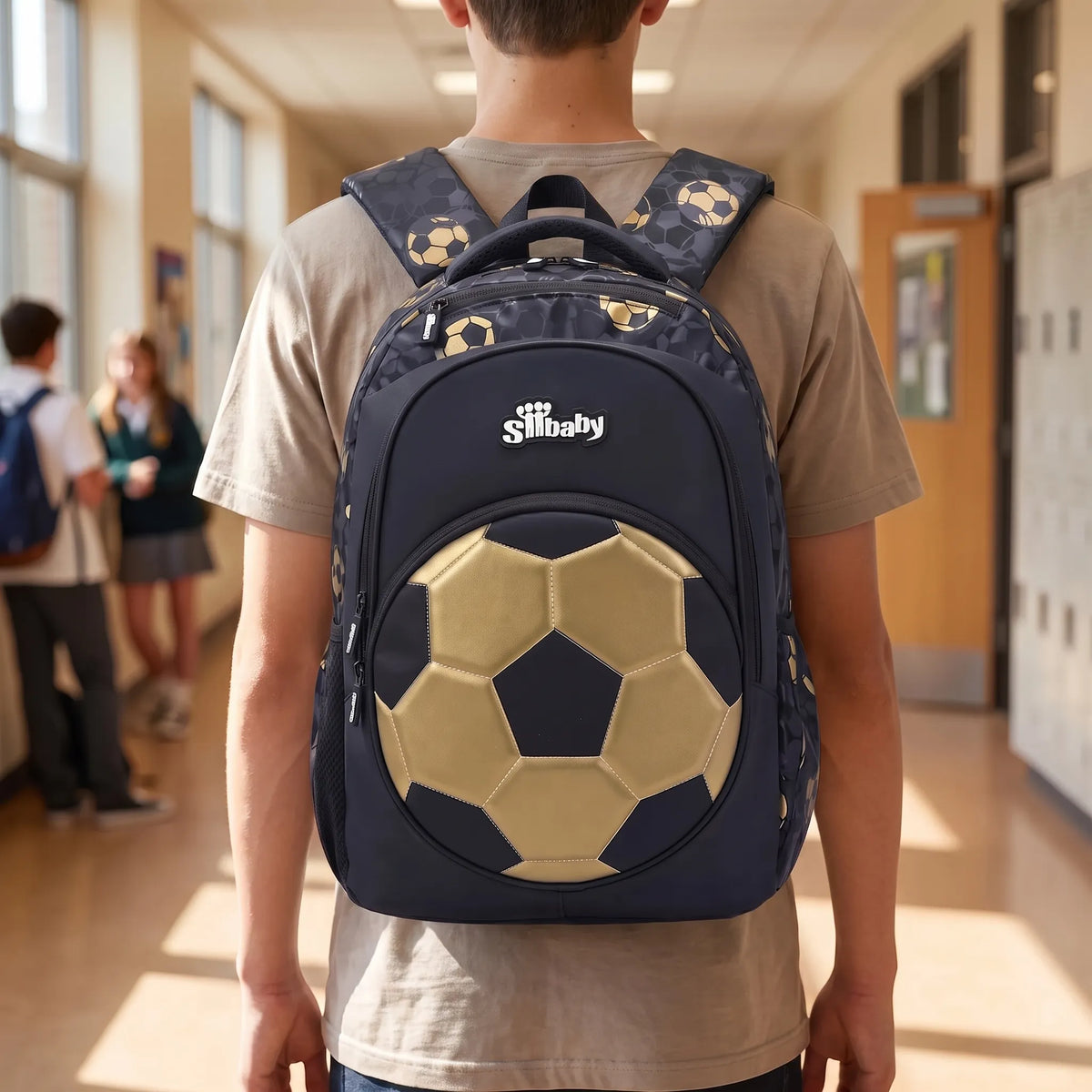 Mochila Escolar Infantil con Bolsillo Frontal de Balón de Fútbol