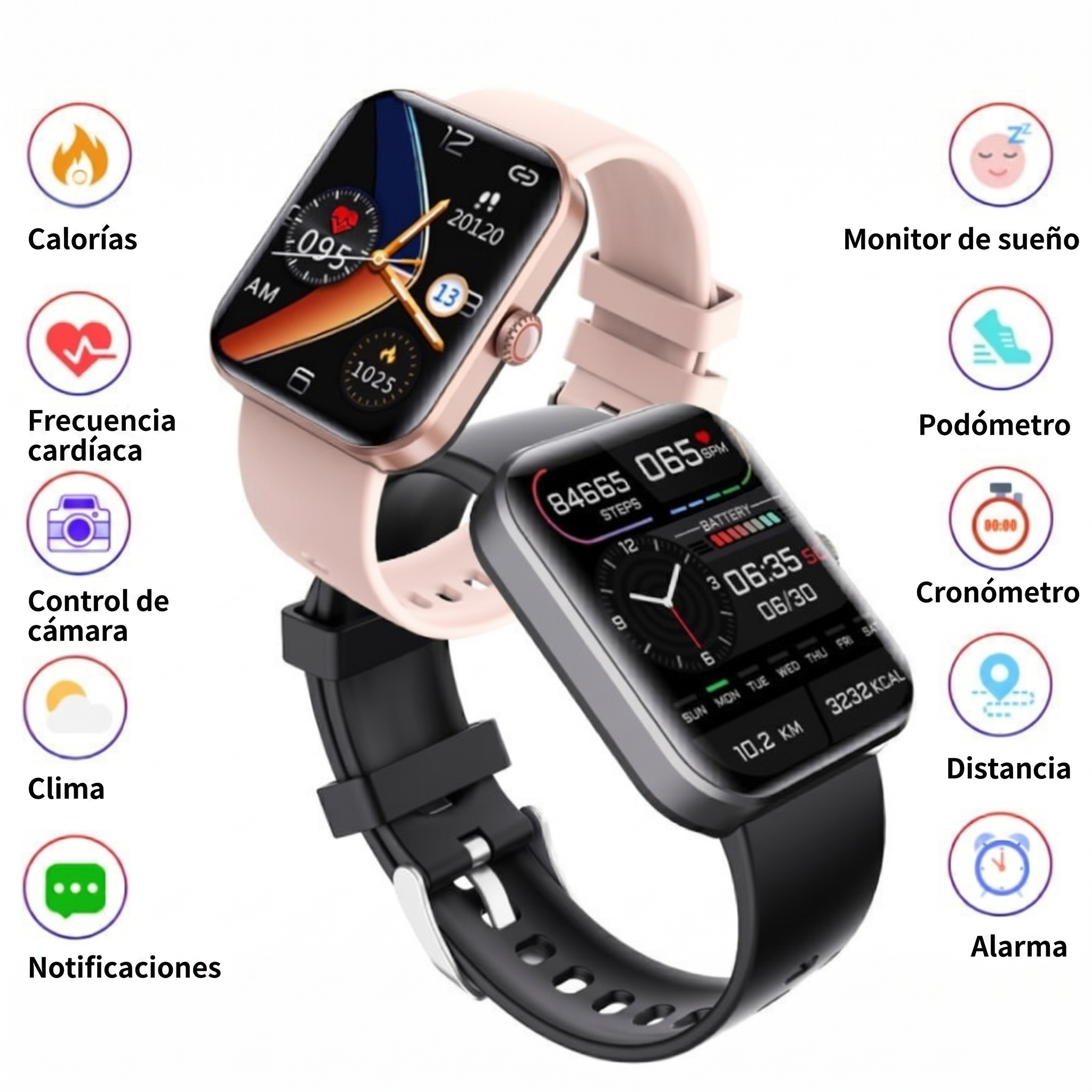 Smartwatch Deportivo con Monitor de Salud | Frecuencia Cardíaca, Sueño, Pasos y Notificaciones