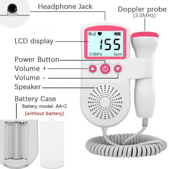 Draagbare foetale doppler met lcd-scherm en sonde van 3 MHz
