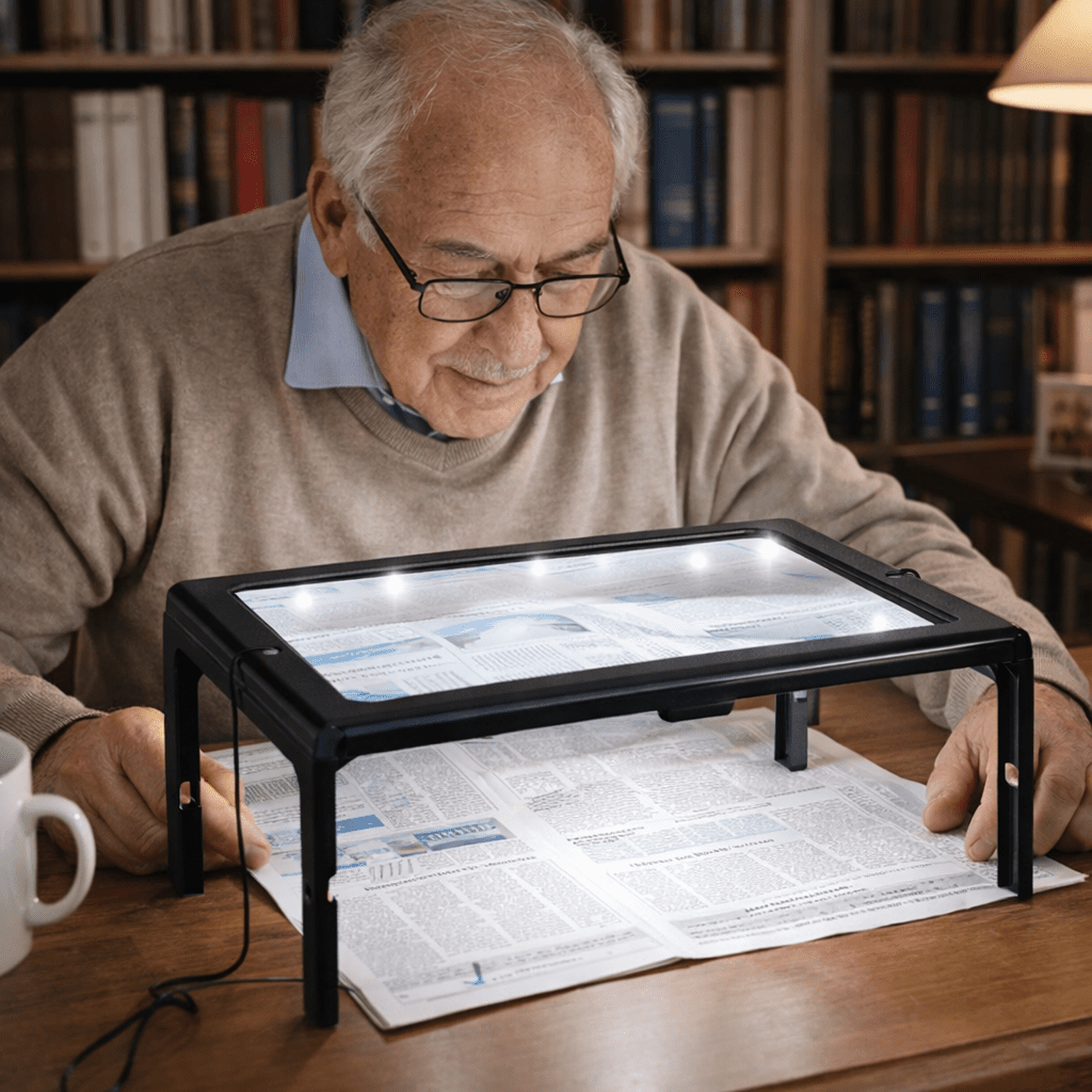 TEXTDESK – Lupa de mesa plegable 3x con iluminación LED para lectura manos libres