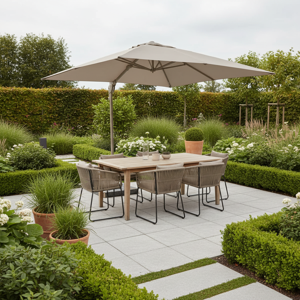 Parasol de Terraza Cuadrado con Brazo Lateral - Vista principal con base y pesas
