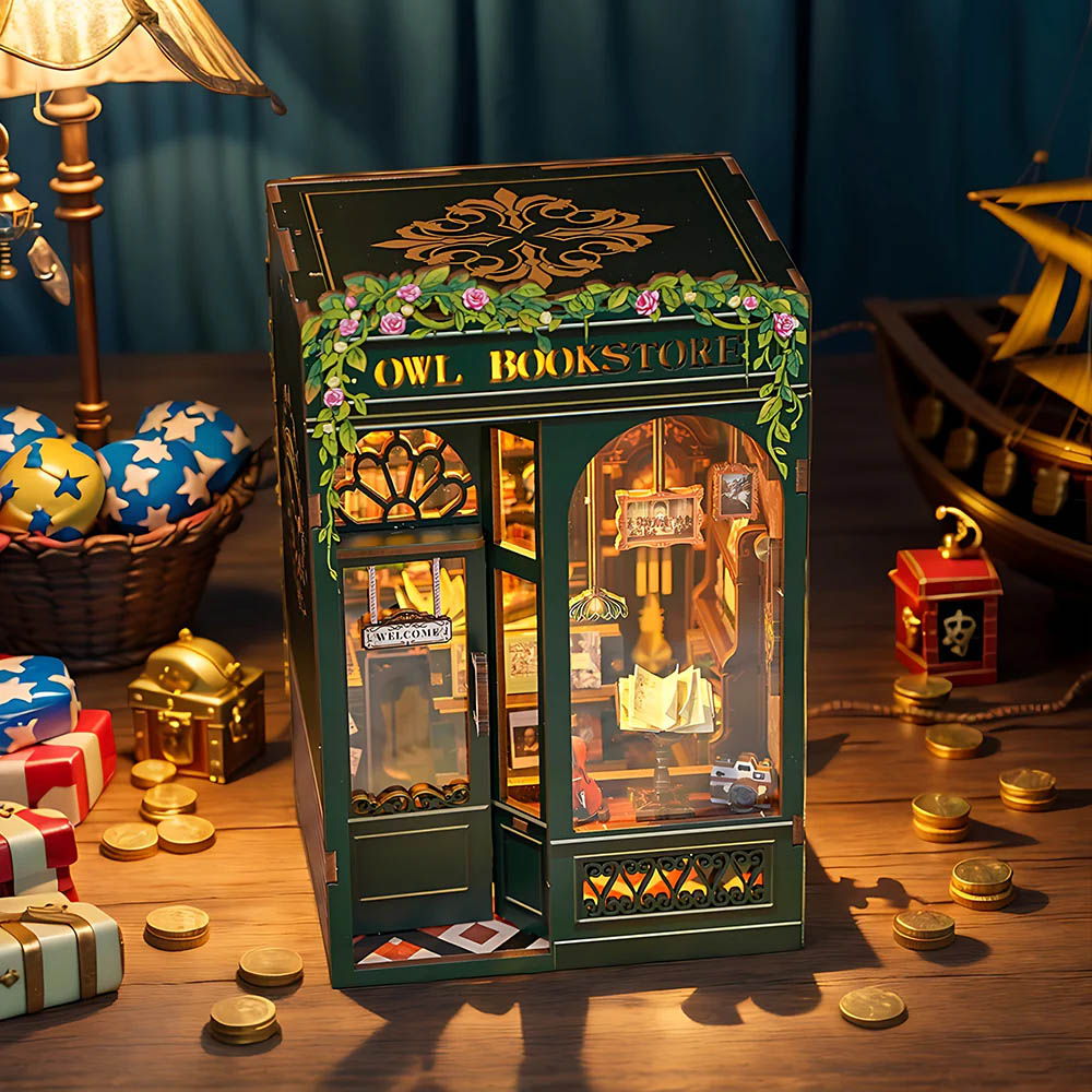 Maqueta Book Nook DIY Owl Bookstore de 88 piezas con luz LED