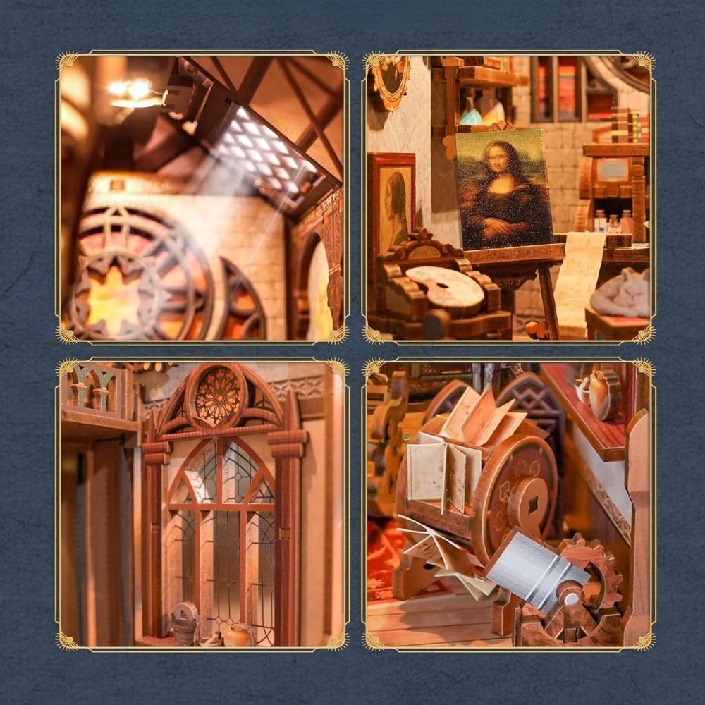 Maquette Book Nook DIY Leonardo da Vinci de 387 pièces avec éclairage LED et capteur