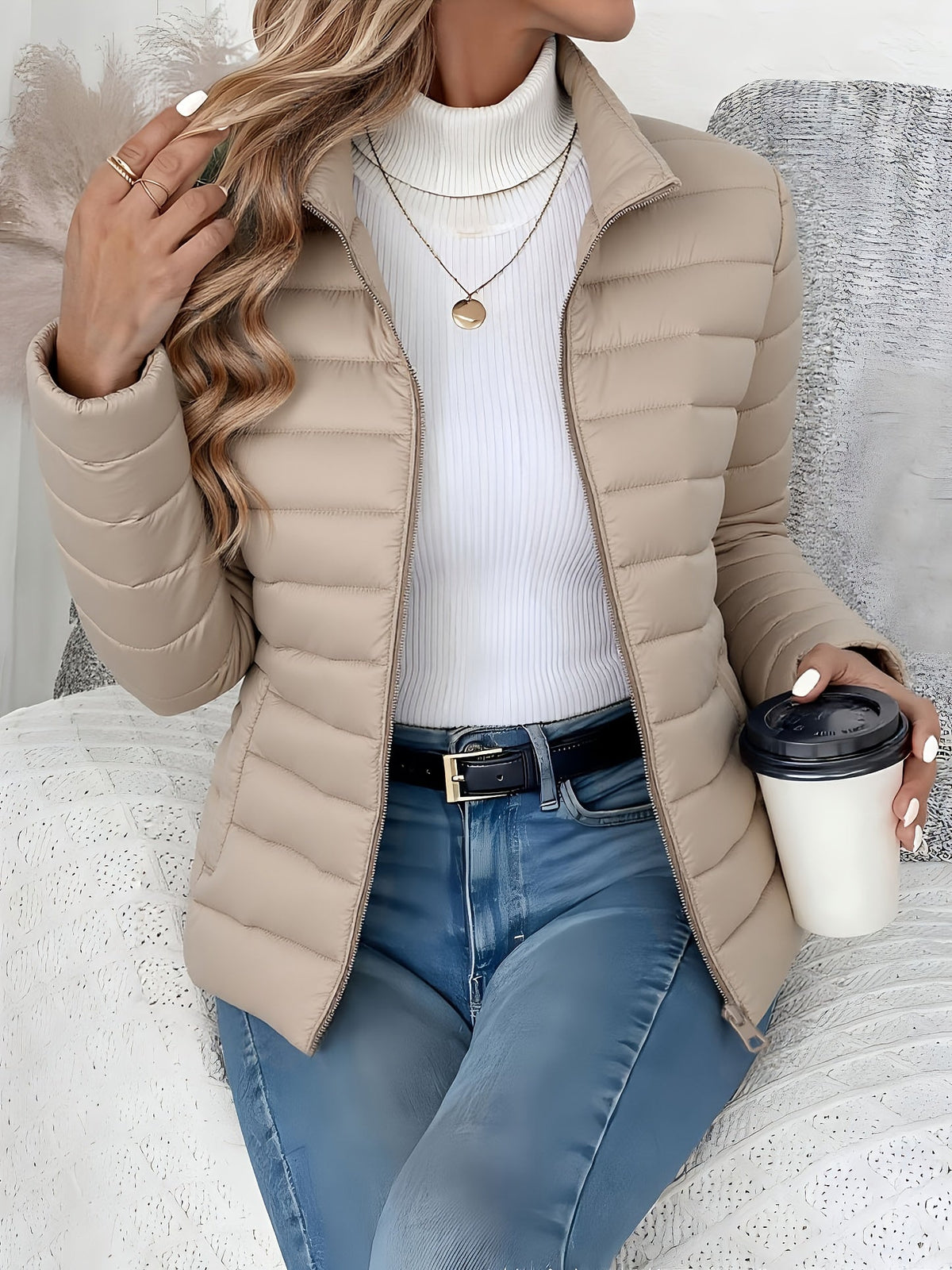 Chaqueta acolchada ligera para mujer con cuello alto y cremallera