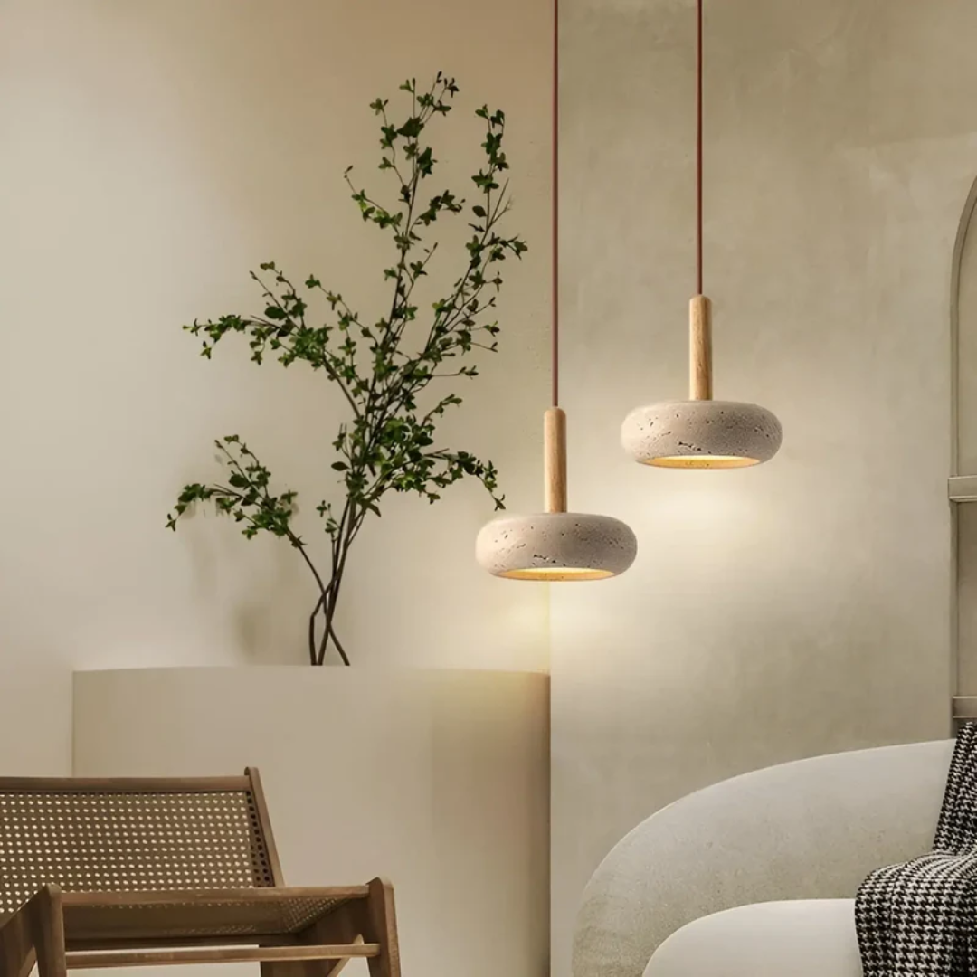 Hangende LED-lamp van steen en hout van 15 cm met verstelbare kabel