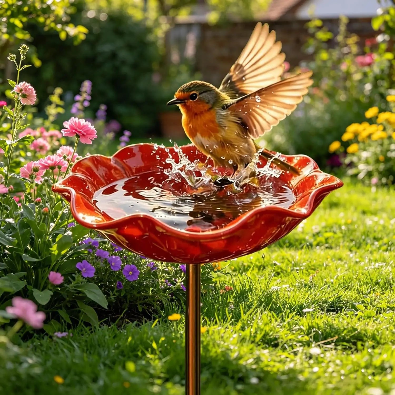 Pájaro chapoteando en bebedero floral