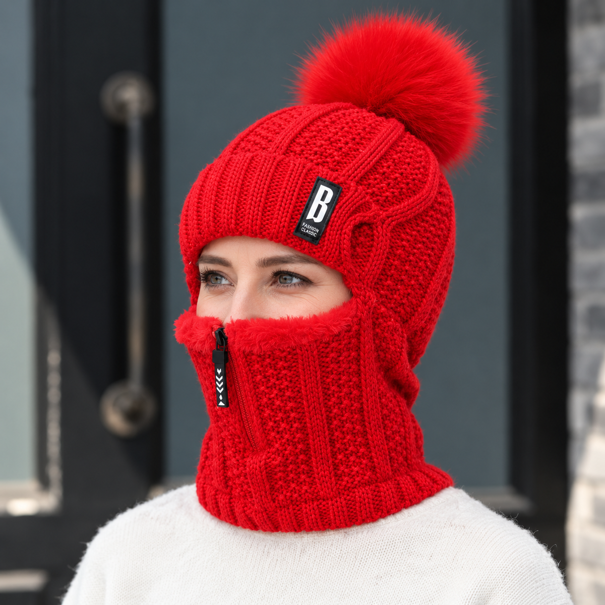 Gorro de punto para mujer con cuello integrado y pompón