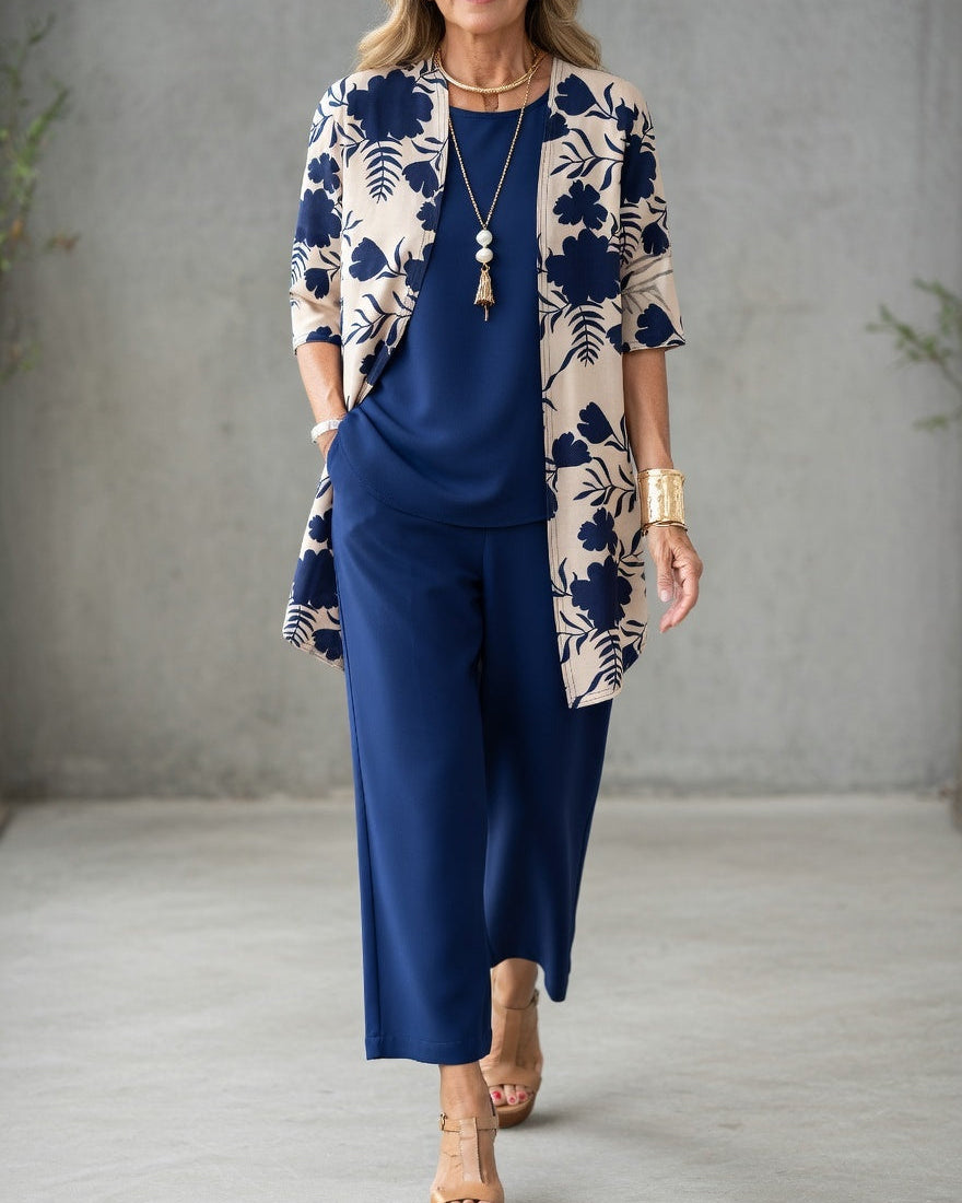 Conjunto de 3 Piezas para Mujer | Pantalón Fluido y Chaqueta Floral