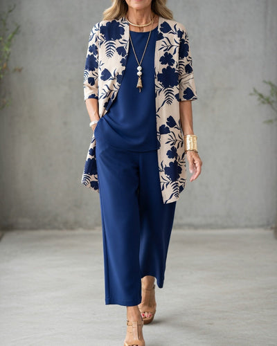 Conjunto de 3 Piezas para Mujer | Pantalón Fluido y Chaqueta Floral