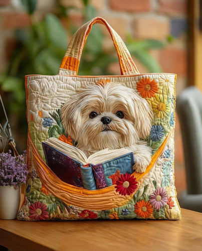 Bolso Tote Artesanal | Shih Tzu con Libro y Flores