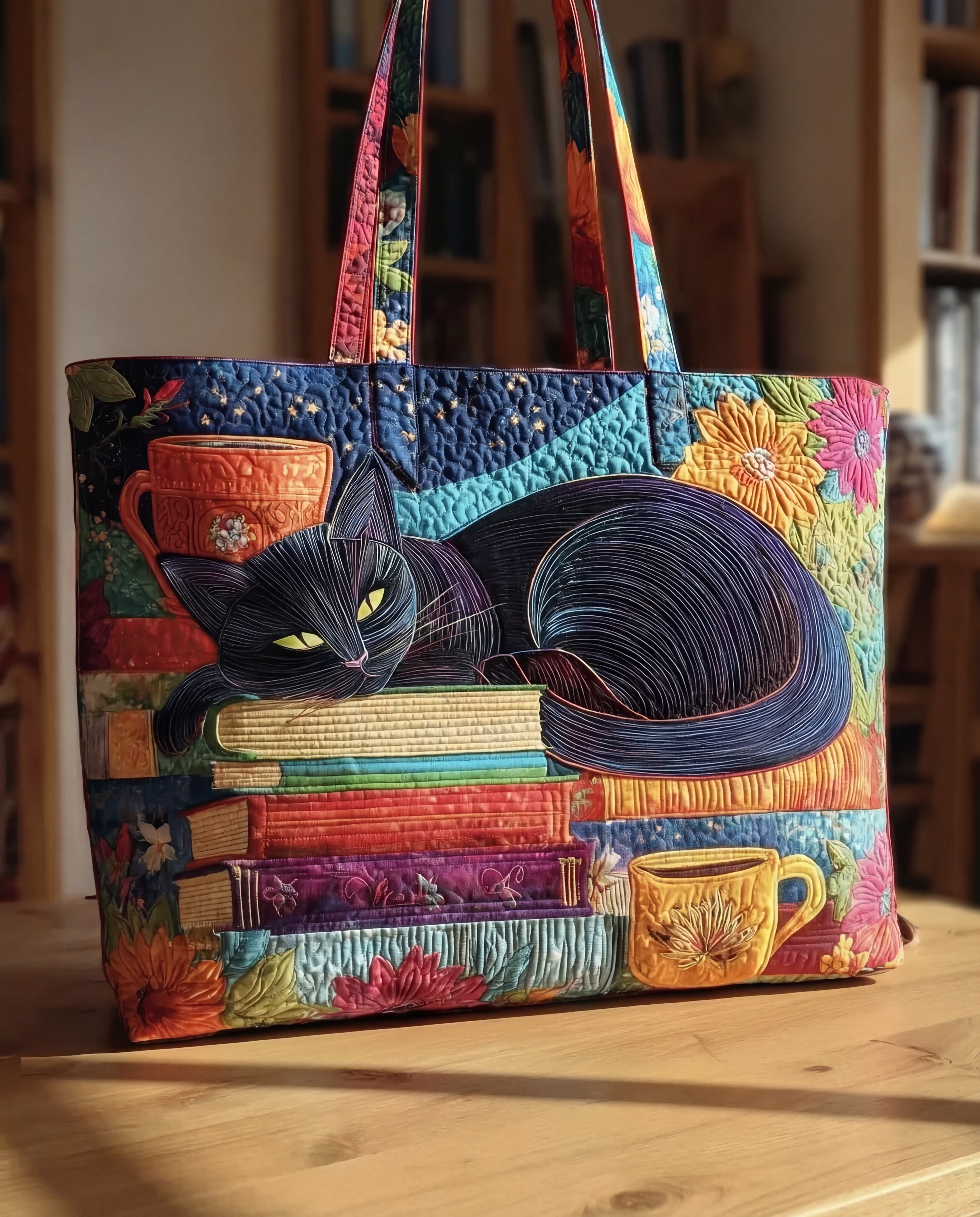 Bolso Tote Artesanal | Gato Negro con Libros y Tazas