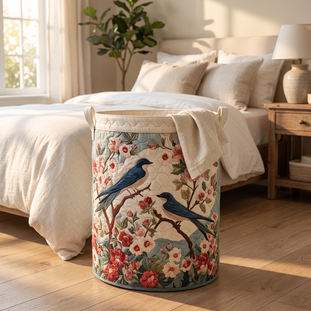 Panier à linge matelassé en coton avec appliqués de papillons et de fleurs sauvages, 40,5 x 56 cm