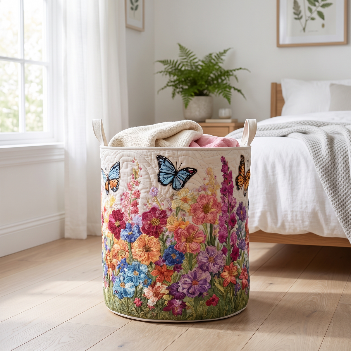 Panier à linge matelassé en coton avec appliqués de papillons et de fleurs sauvages, 40,5 x 56 cm