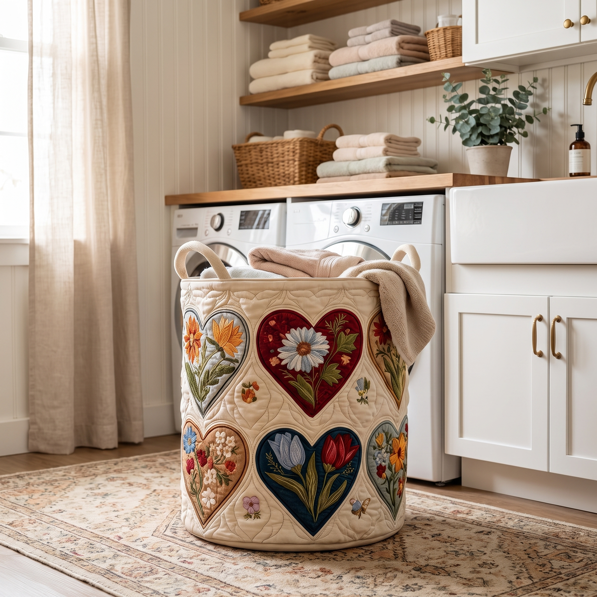 Panier à linge matelassé en coton avec appliqués de papillons et de fleurs sauvages, 40,5 x 56 cm