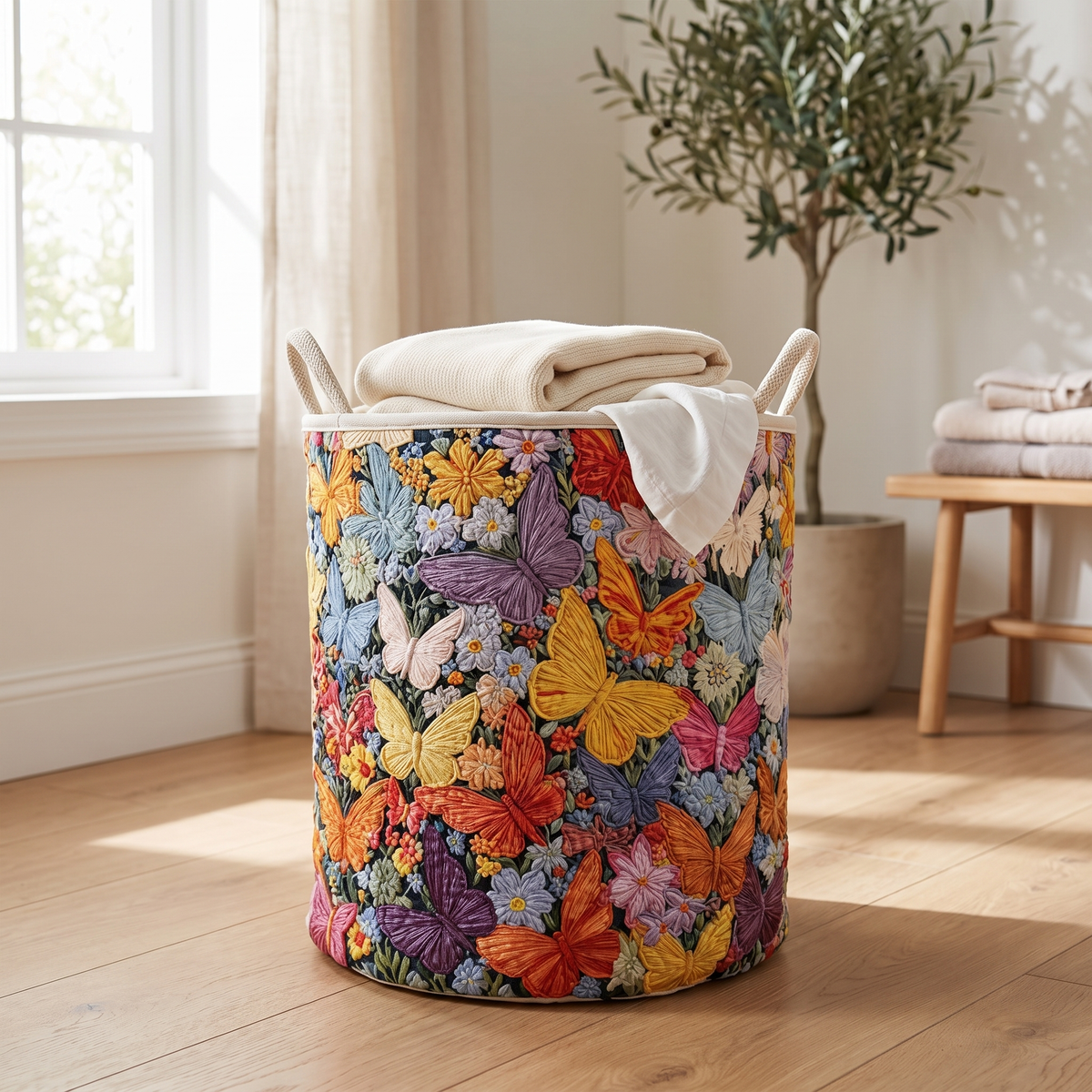 Panier à linge matelassé en coton avec appliqués de papillons et de fleurs sauvages, 40,5 x 56 cm
