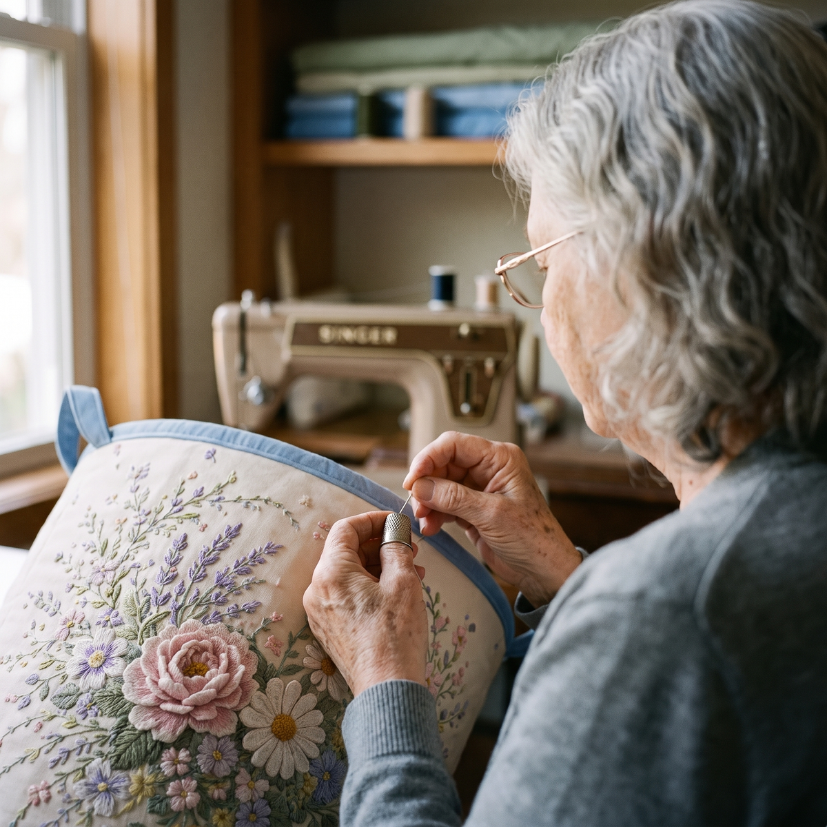 Panier à linge matelassé en coton avec appliqués de papillons et de fleurs sauvages, 40,5 x 56 cm