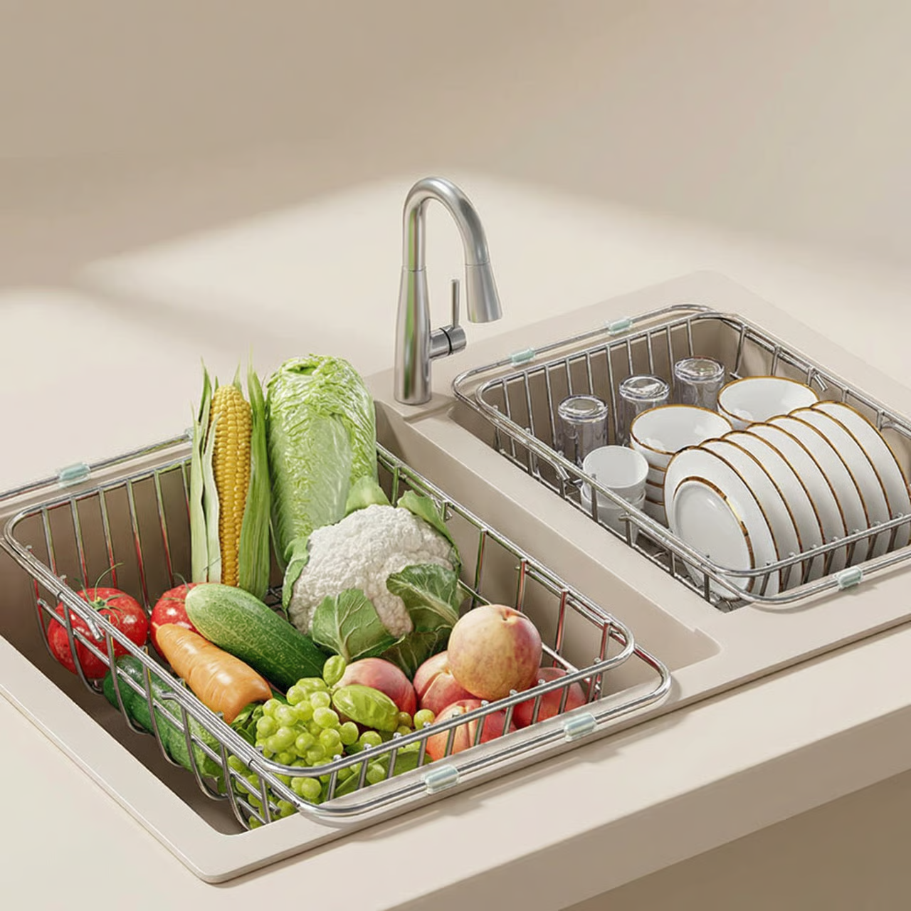 Escurridor de Fregadero de Acero Inoxidable Ajustable – Organizador de Cocina Expandible para un Drenaje y Lavado Eficiente
