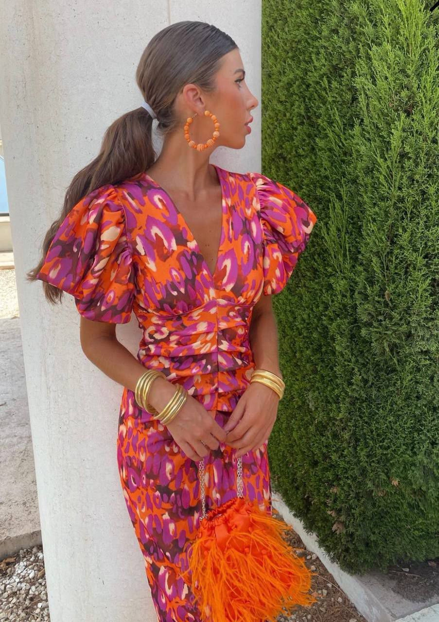 Vestido de Primavera para Mujer | Escote en V y Mangas Abullonadas