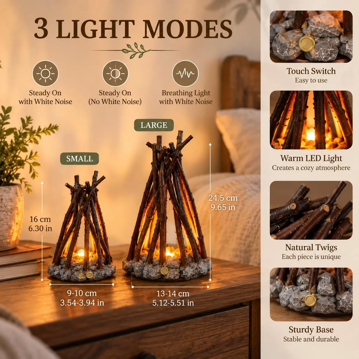 Lampe décorative LED de table en forme de feu de camp avec lumière chaude