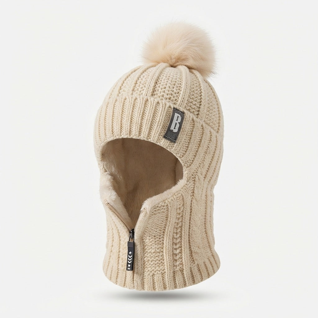 Gorro de punto para mujer con cuello integrado y pompón