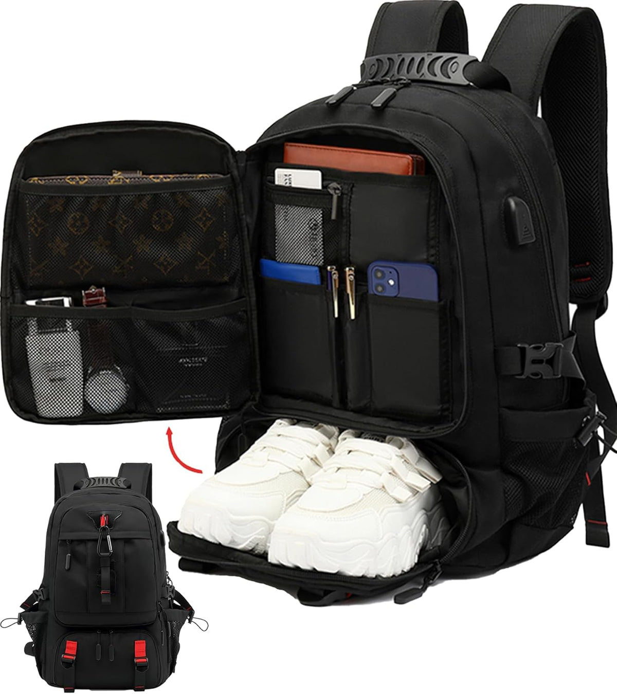 Mochila de Viaje Impermeable de 60 L para Portátil con Puerto USB y Compartimento para Zapatos